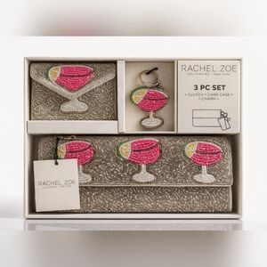 Rachel Zoe Pink & Silver Beaded Cocktail Clutch, Card Case & Charm Set